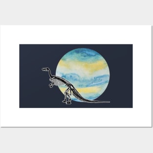 Dinosaur Skeleton in Space Blue Yellow Planet Posters and Art